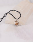 Peach Moonstone Necklace | Black Spinel Beaded Strand on Silk | One of a Kind Gemstone Pendant | Handmade Sterling Silver