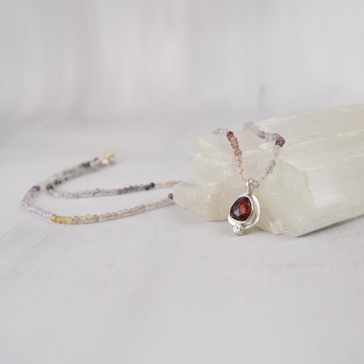 Ruby Pendant Necklace, Ombre Tourmaline Beaded Strand, Sterling Silver One-of-a-Kind Gemstone Necklace, Silk-Strung, 18"