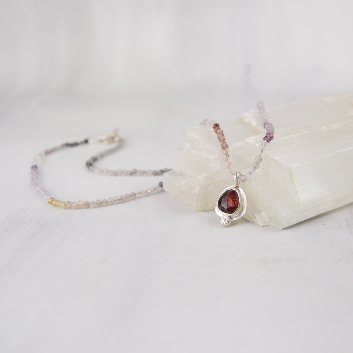 Ruby Pendant Necklace, Ombre Tourmaline Beaded Strand, Sterling Silver One-of-a-Kind Gemstone Necklace, Silk-Strung, 18"