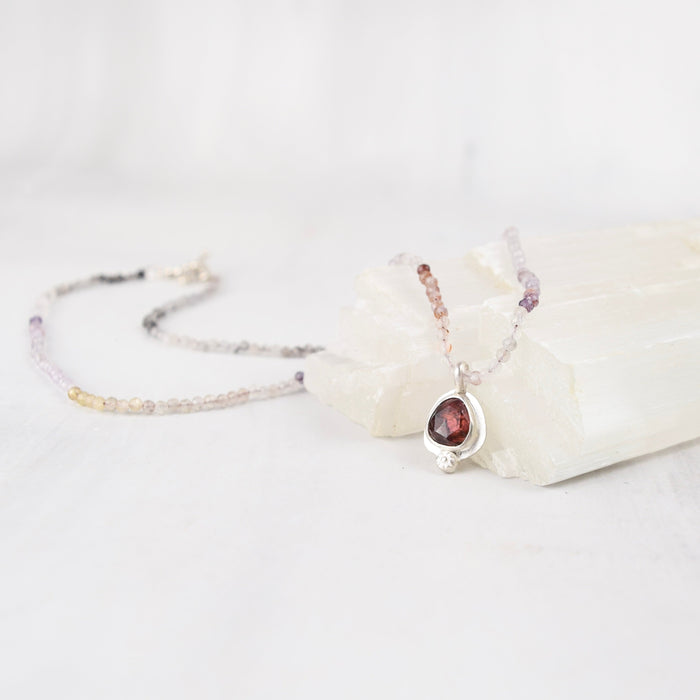 Ruby Pendant Necklace, Ombre Tourmaline Beaded Strand, Sterling Silver One-of-a-Kind Gemstone Necklace, Silk-Strung, 18"