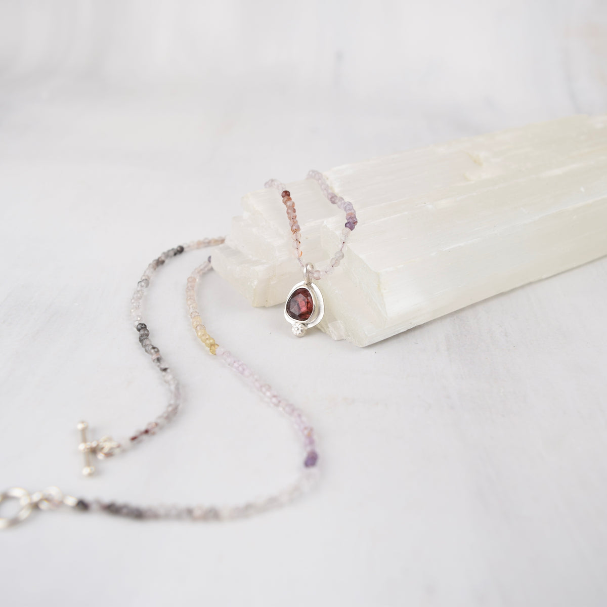 Ruby Pendant Necklace, Ombre Tourmaline Beaded Strand, Sterling Silver One-of-a-Kind Gemstone Necklace, Silk-Strung, 18"