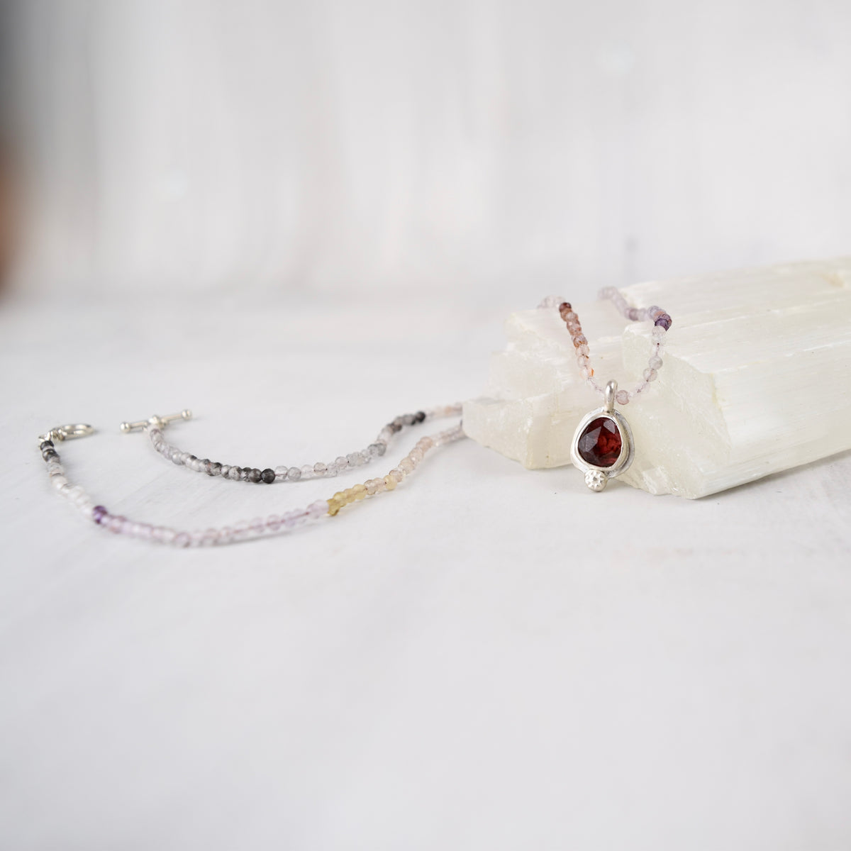 Ruby Pendant Necklace, Ombre Tourmaline Beaded Strand, Sterling Silver One-of-a-Kind Gemstone Necklace, Silk-Strung, 18"