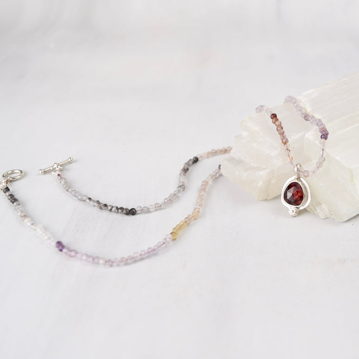 Ruby Pendant Necklace, Ombre Tourmaline Beaded Strand, Sterling Silver One-of-a-Kind Gemstone Necklace, Silk-Strung, 18"