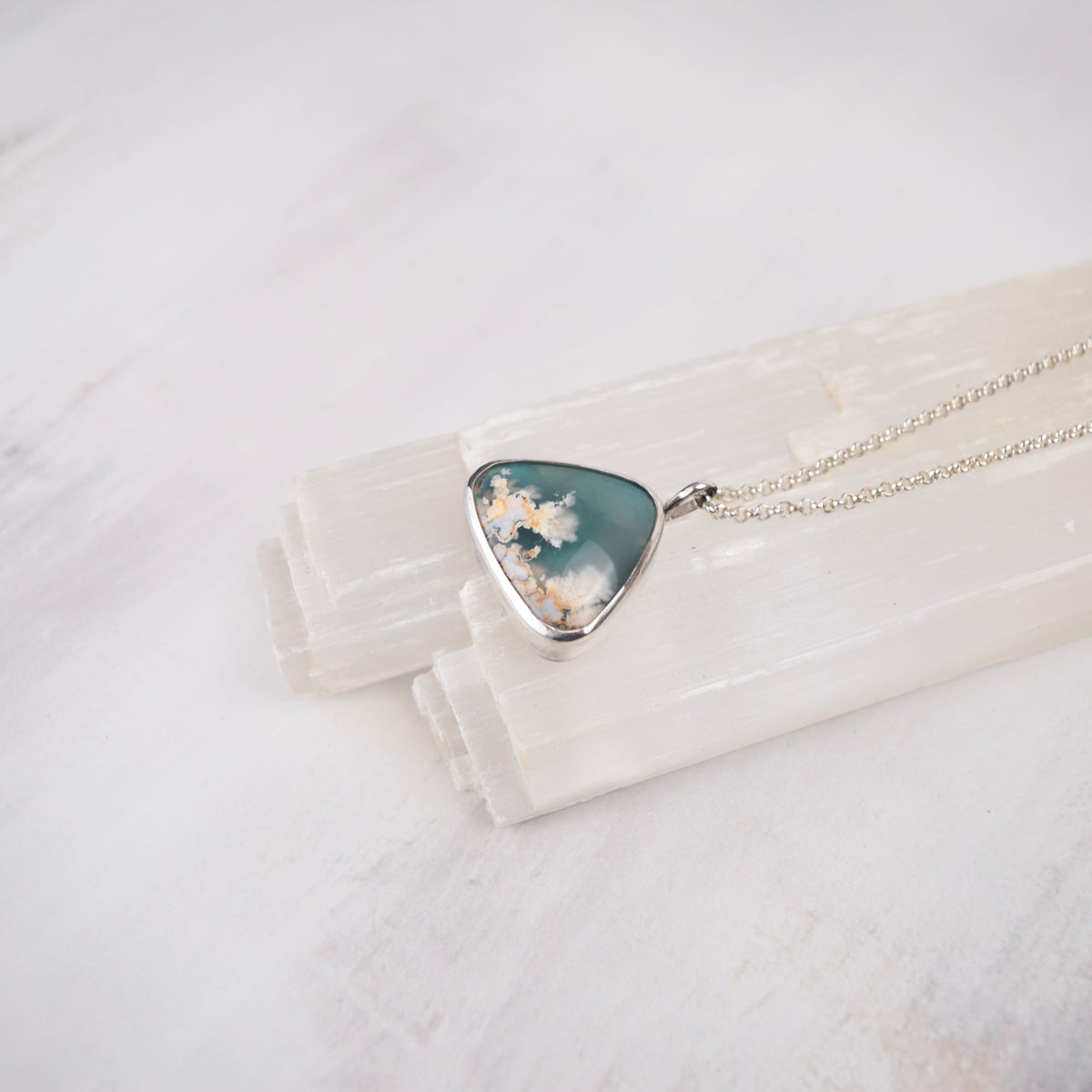Aqua Plume Agate Doublet Necklace | One of a Kind Gemstone Pendant | Handmade Sterling Silver on Sterling Chain