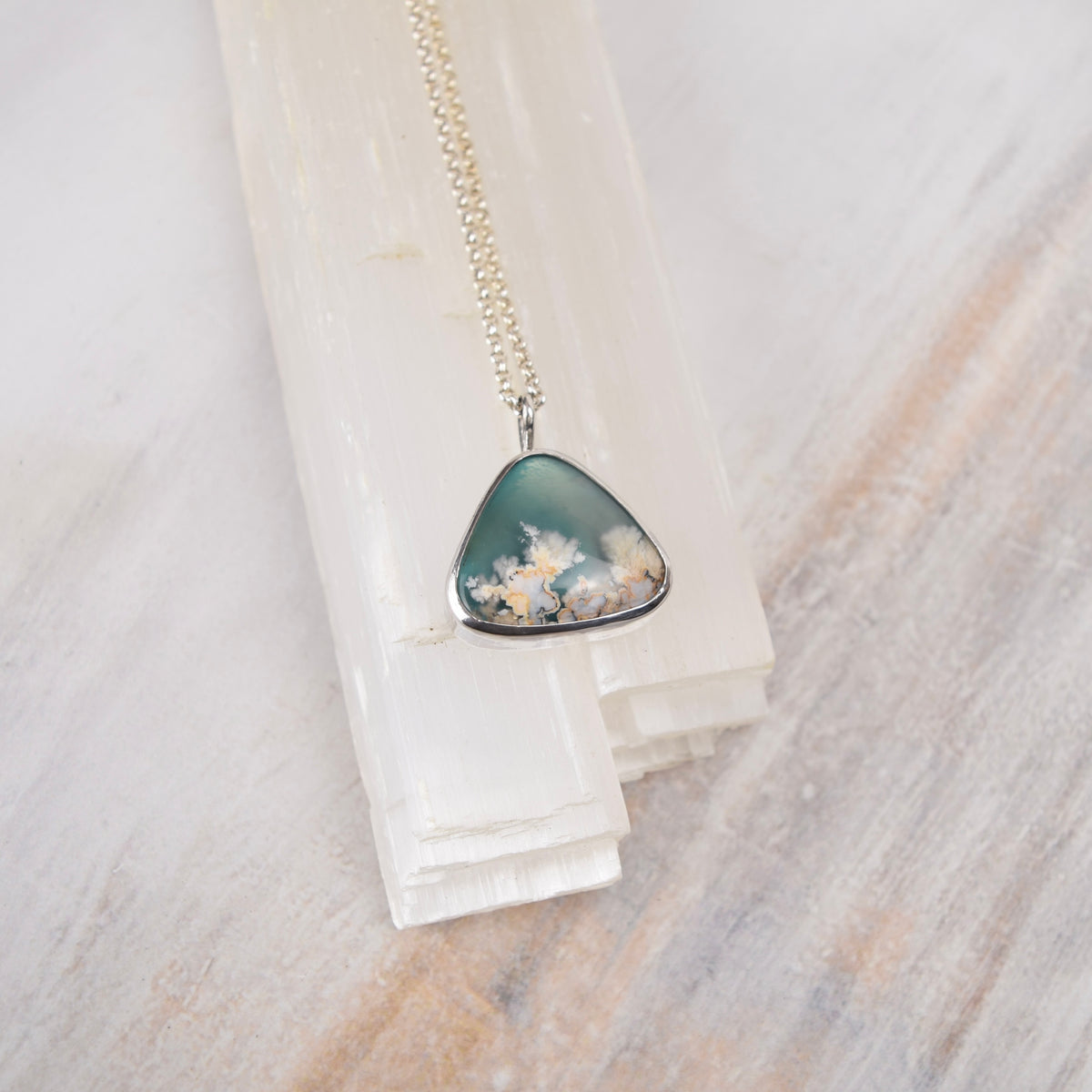 Aqua Plume Agate Doublet Necklace | One of a Kind Gemstone Pendant | Handmade Sterling Silver on Sterling Chain
