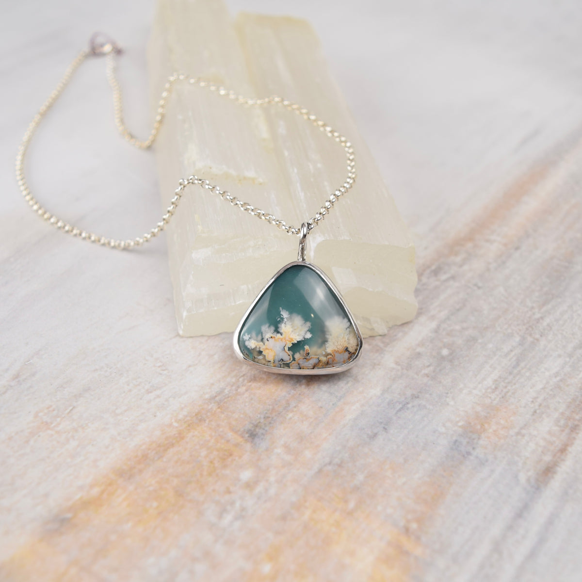 Aqua Plume Agate Doublet Necklace | One of a Kind Gemstone Pendant | Handmade Sterling Silver on Sterling Chain
