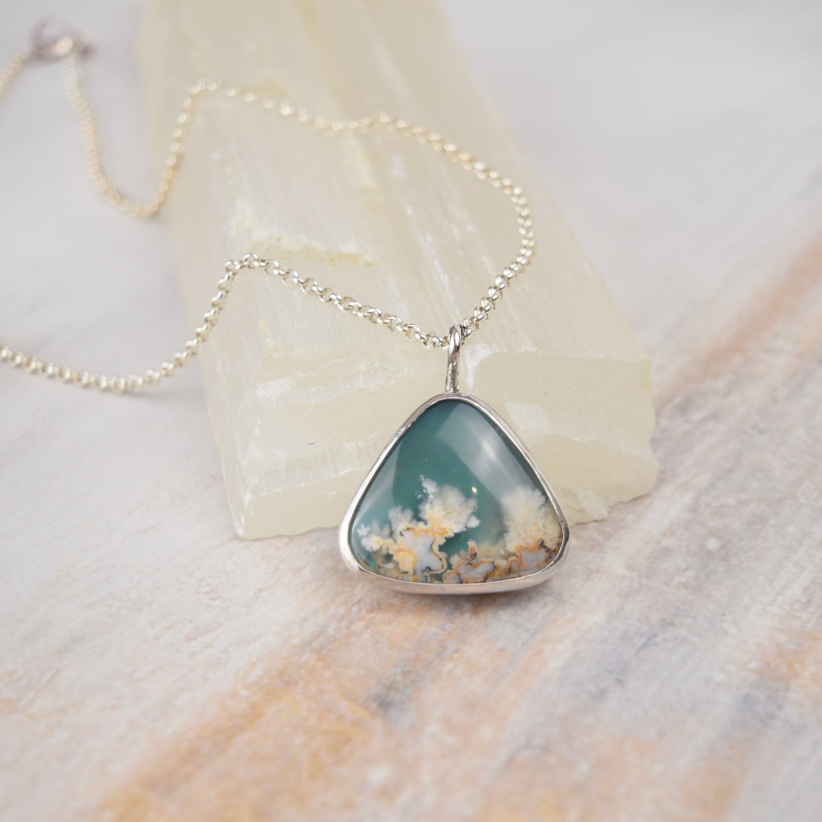 Aqua Plume Agate Doublet Necklace | One of a Kind Gemstone Pendant | Handmade Sterling Silver on Sterling Chain