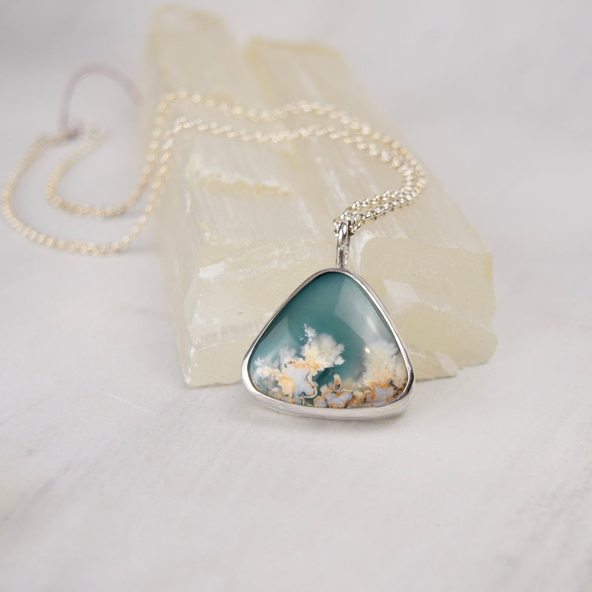 Aqua Plume Agate Doublet Necklace | One of a Kind Gemstone Pendant | Handmade Sterling Silver on Sterling Chain