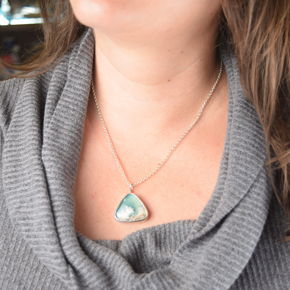 Aqua Plume Agate Doublet Necklace | One of a Kind Gemstone Pendant | Handmade Sterling Silver on Sterling Chain