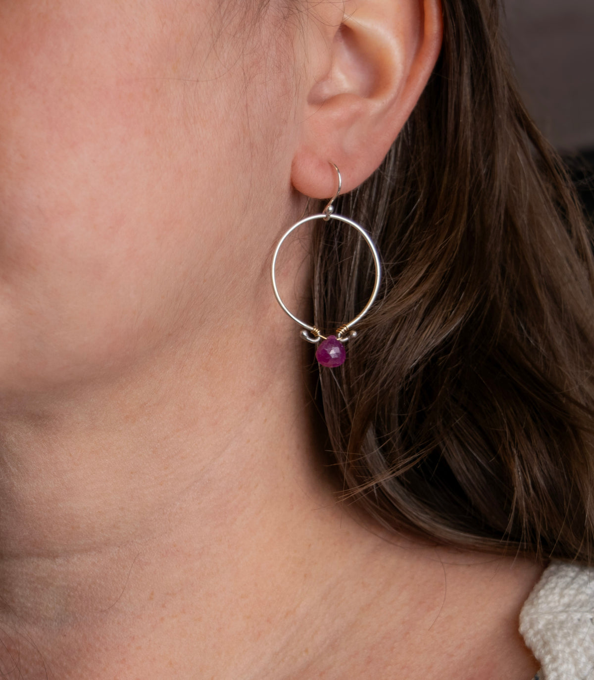 Ruby Briolette Hoop Earrings | Handmade Sterling Silver Hoops | Artisan Gemstone Earrings