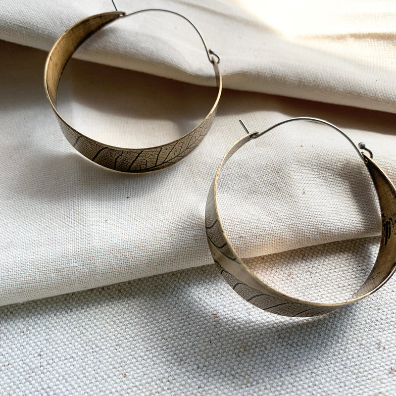 Leaf Hoops: Brass or Sterling Silver