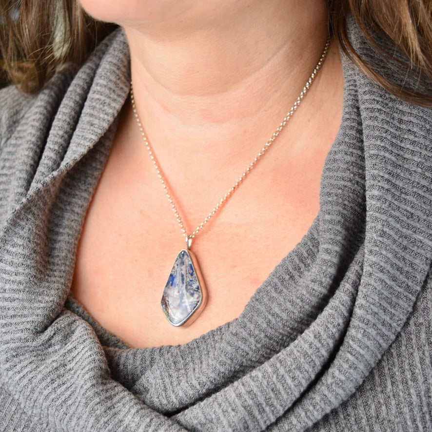 Blue Plume Agate Doublet Necklace | Copper Inclusions | One of a Kind Gemstone Pendant | Handmade Sterling Silver