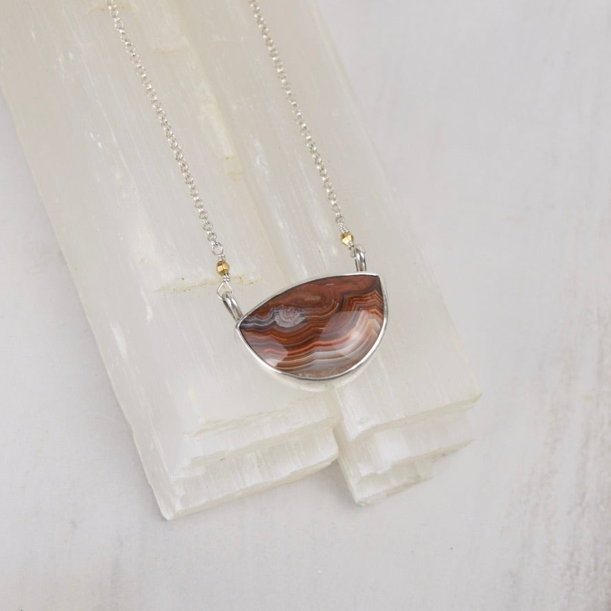 Laguna Lace Agate Necklace | Faceted Brass Beads | One of a Kind Gemstone Pendant | Handmade Sterling Silver