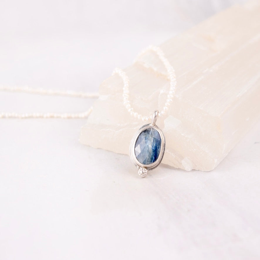 Blue Kyanite Necklace | Oval Gemstone Pendant | Rice Freshwater Pearls | One of a Kind | Handmade Sterling Silver