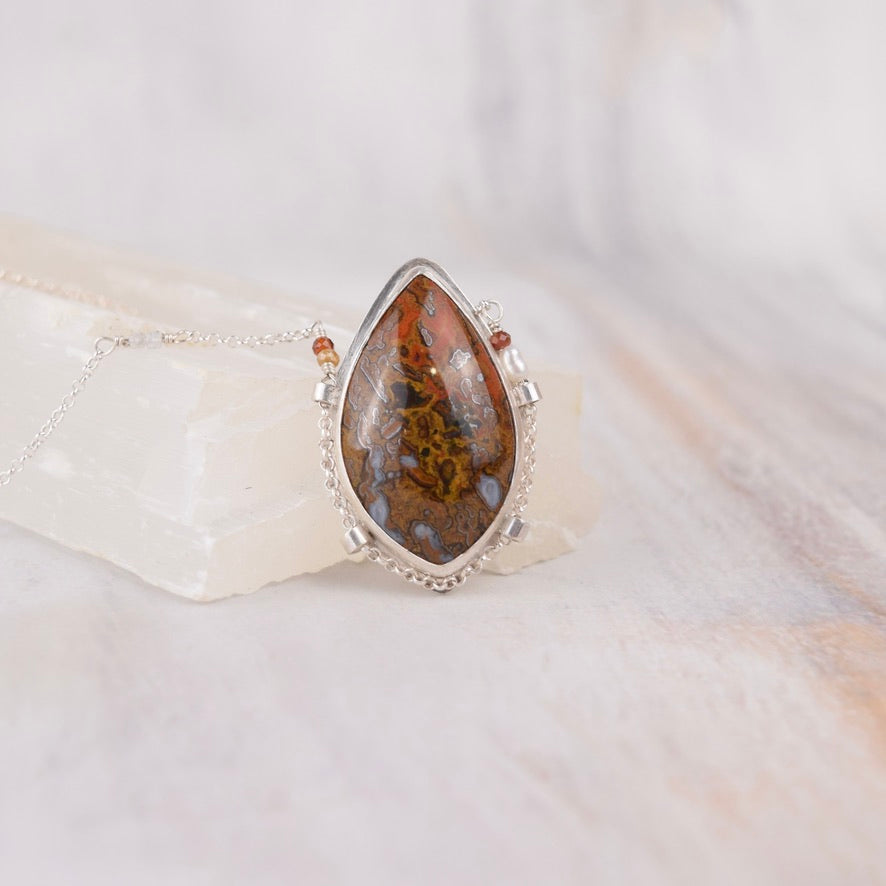 Azrou Moroccan Plume Agate Teardrop Necklace | Rust and Brown Gemstone Pendant | Suspended on Sterling Silver Chain | One of a Kind | Handmade