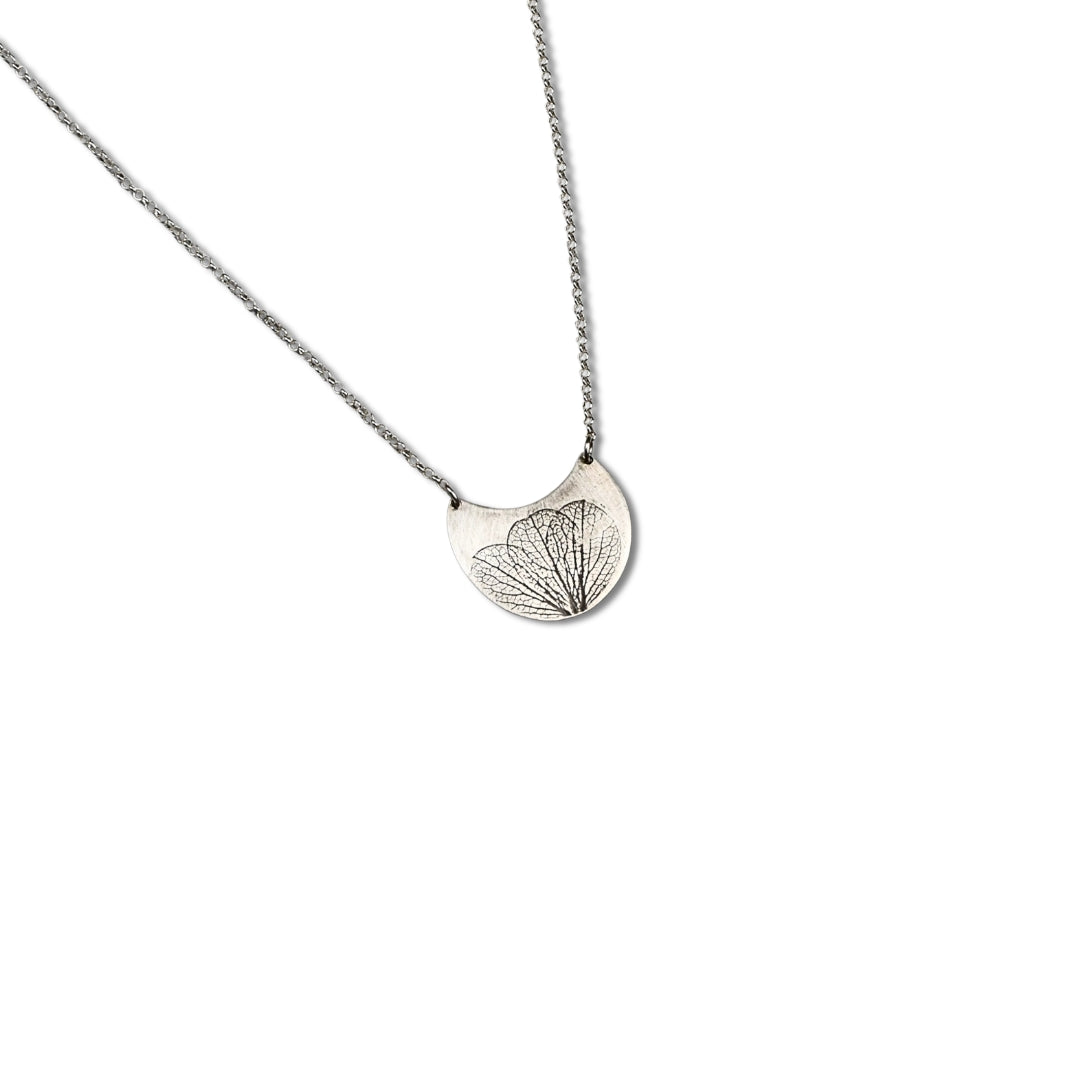 Pressed Hydrangea Crescent Necklace| Hydrangea Flower Impression Necklace| Botanical Impression Jewelry