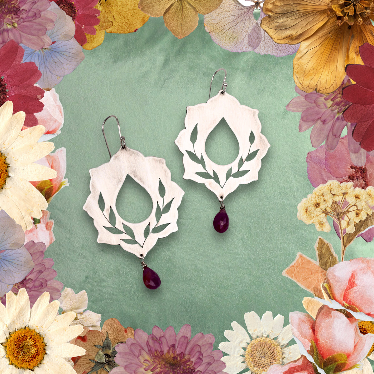 Ride With Me Earrings in Silver with Ruby Drops