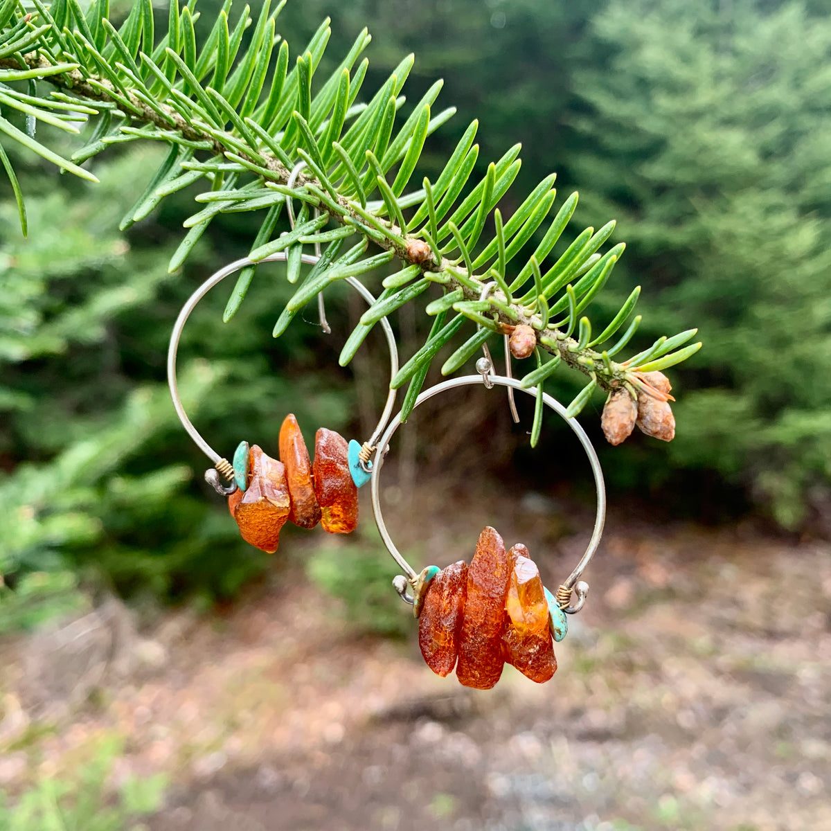 Handmade sterling silver hoop earrings with genuine raw amber and turquoise nuggets and brass wire wrapping displayed on pine tree branch, artisan gemstone jewelry crafted in Vermont