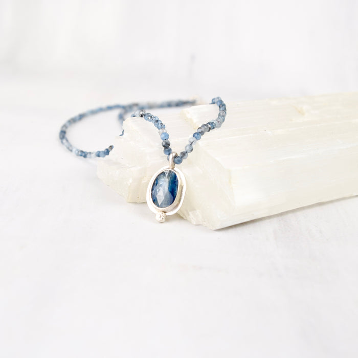 One-of-a-kind blue kyanite and aquamarine necklace with silk-strung beaded strand, handmade in Vermont