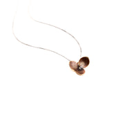 Jeweler's brass hydrangea bloom impression pendant necklace with sterling silver center on delicate sterling silver chain, handmade botanical jewelry crafted in Vermont