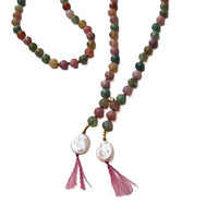 Hand-knotted fancy jasper necklace showing gold-filled magnetic clasp and faceted bead detail, handmade in Vermont