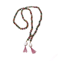 One-of-a-kind hand-knotted fancy jasper mandala necklace with pearl and tassel detail, full length view on white background
