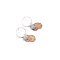 Front view of handmade gathered hydrangea petal earrings in sterling silver, jeweler's brass and copper on hammered sterling silver ring, botanical jewelry crafted in Vermont