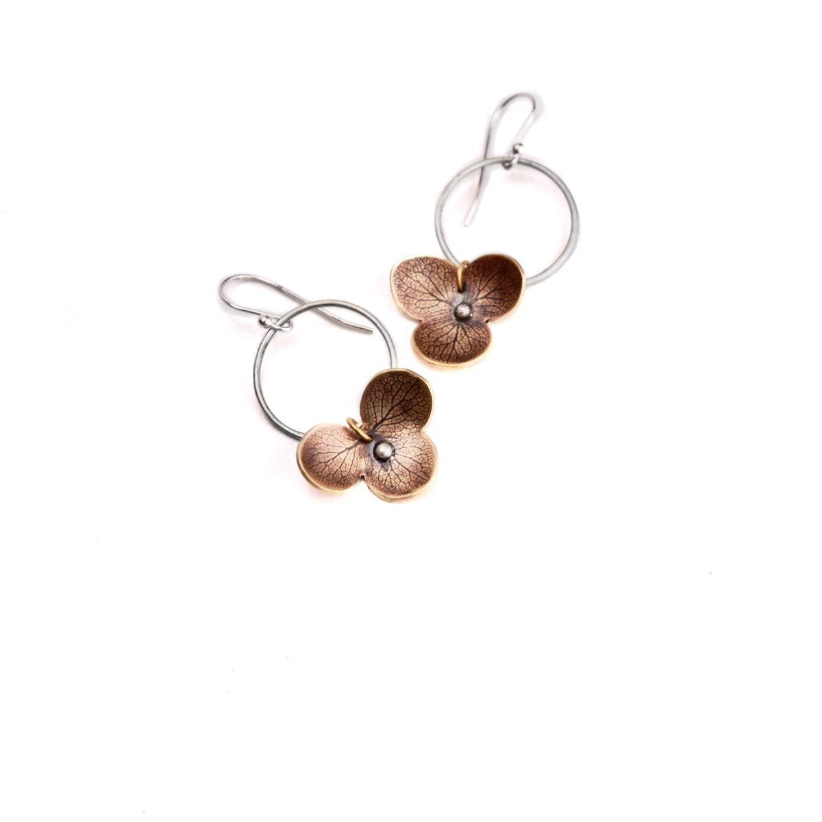 Hydrangea dangle earrings in jeweler's brass bloom with sterling silver center and French hook ear wire