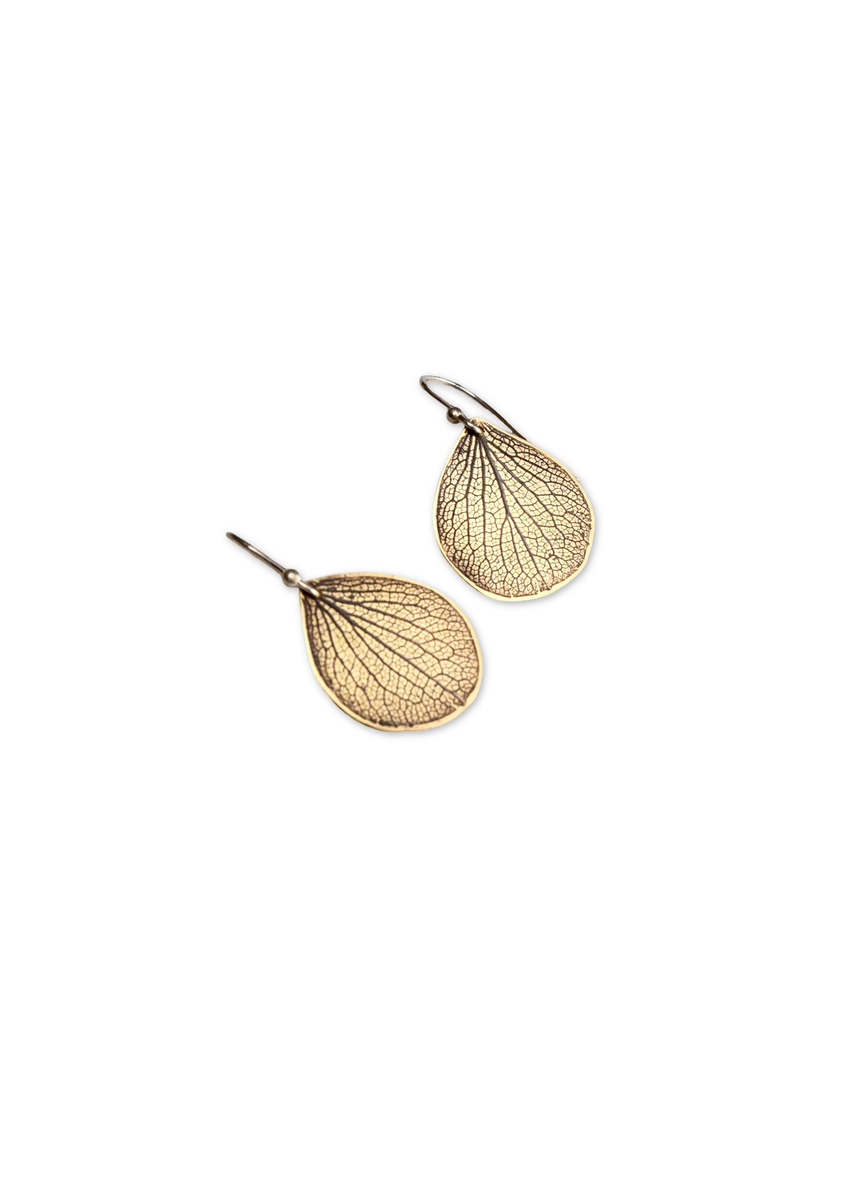 Overhead view of handmade jeweler's brass hydrangea petal impression dangle earrings with satin finish and patina, botanical jewelry crafted in Vermont