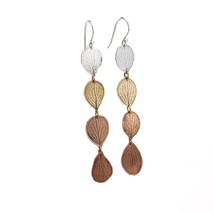 Handmade hydrangea petal impression drop earrings in ombré sterling silver, jeweler's brass, bronze and copper, botanical dangle earrings crafted in Vermont