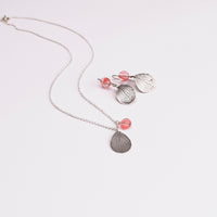 Handmade sterling silver hydrangea petal impression necklace and matching earrings with rose quartz, botanical gemstone jewelry set crafted in Vermont