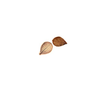 Handmade jeweler's brass hydrangea petal impression stud earrings with satin finish and patina, artisan botanical jewelry crafted in Vermont