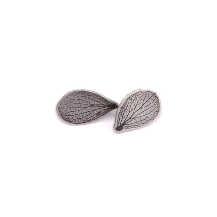 Handmade sterling silver hydrangea petal impression stud earrings with satin finish and patina, delicate botanical jewelry crafted in Vermont