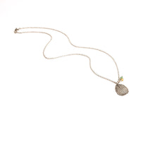 Full length overhead view of handmade sterling silver customizable hydrangea mother petal gemstone necklace on 18" chain, artisan botanical jewelry crafted in Vermont