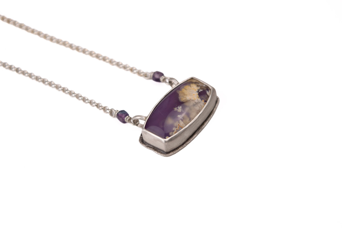 One-of-a-kind purple plume agate necklace, hand bezel-set in sterling silver with fluorite bead accents, handmade in Vermont