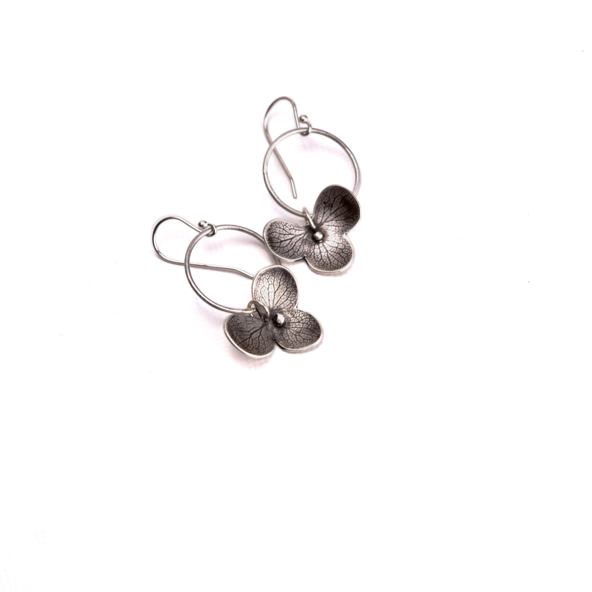 Handmade sterling silver hydrangea flower impression dangle earrings with satin finish and patina